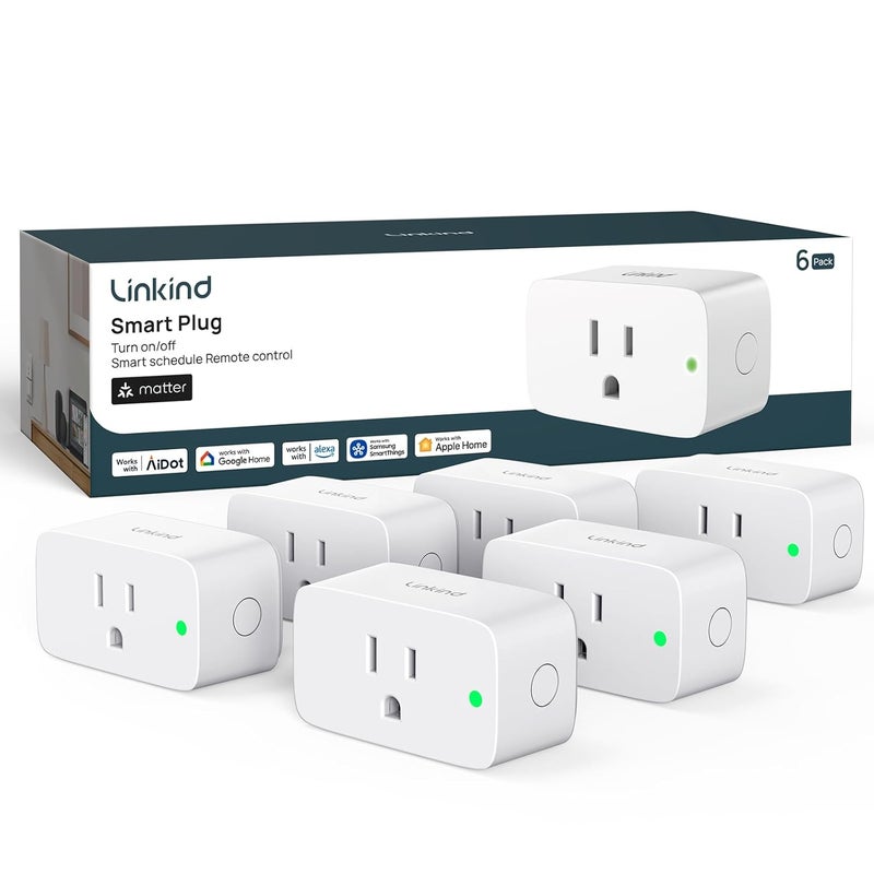 Linkind Matter Smart Plug, Smart Home Smart Outlet Timer, Work with Apple Home, Siri, Alexa, Google, SmartThings, 15A/1800W, APP Remote Control & Schedule, ETL & FCC Certified, 2.4G WiFi Only, 6 Pack - Image 1